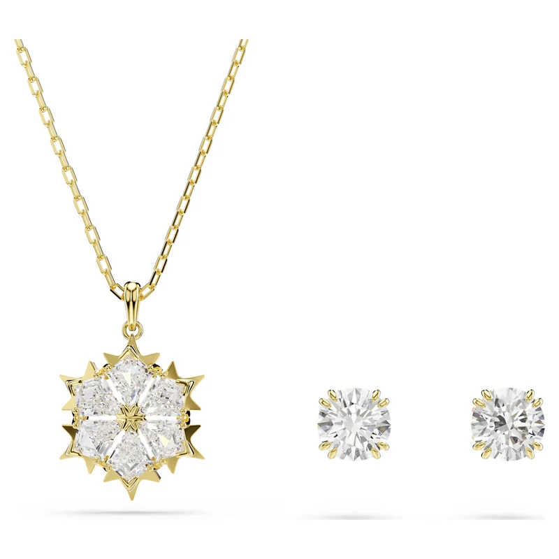 Magic Snowflake Necklace & Earrings Set with Mixed-Cut White Crystal in Gold