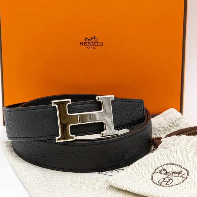 Hermès H Gürtel 32mm Wendbarer Lederriemen Schwarz Palladium H-Schließe Damen Neu