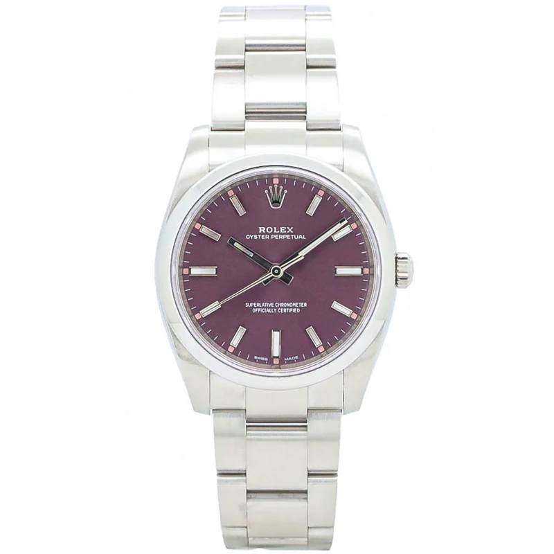 Rolex Oyster Perpetual 34mm 114200 Red Grape Purple Stahl B&P Dif FR19254