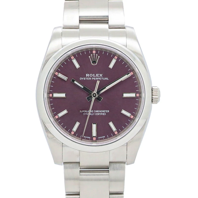 Rolex Oyster Perpetual 34mm 114200 Red Grape Purple Stahl B&P Dif FR19254
