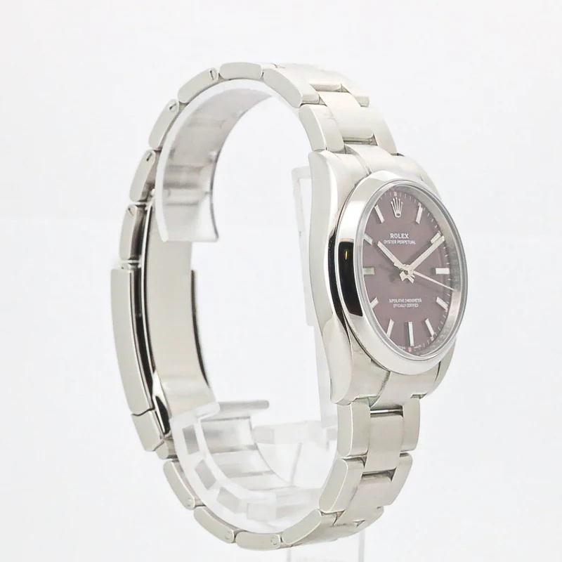 Rolex Oyster Perpetual 34mm 114200 Red Grape Purple Stahl B&P Dif FR19254