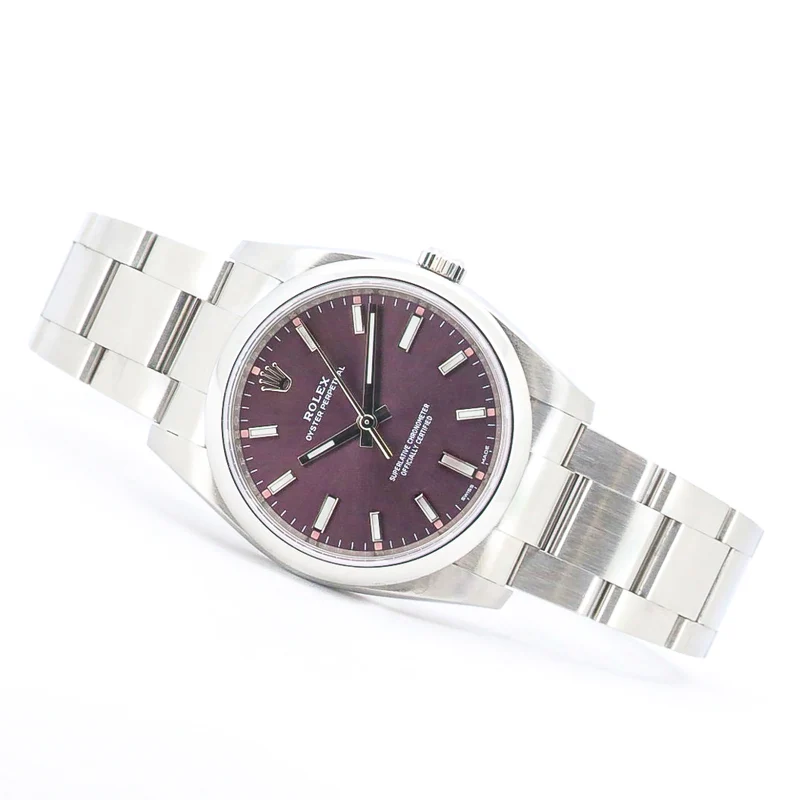 Rolex Oyster Perpetual 34mm 114200 Red Grape Purple Stahl B&P Dif FR19254