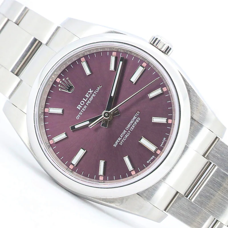 Rolex Oyster Perpetual 34mm 114200 Red Grape Purple Stahl B&P Dif FR19254