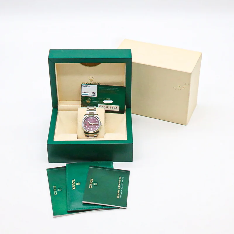 Rolex Oyster Perpetual 34mm 114200 Red Grape Purple Stahl B&P Dif FR19254