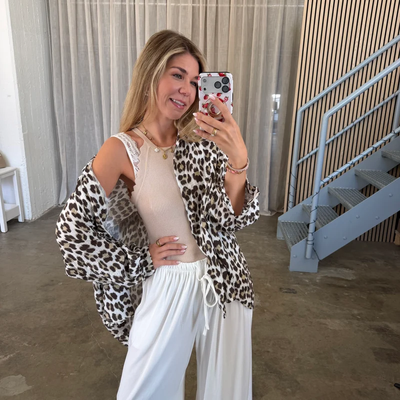 Oversize Musselinbluse Leo - Weiß x Braun