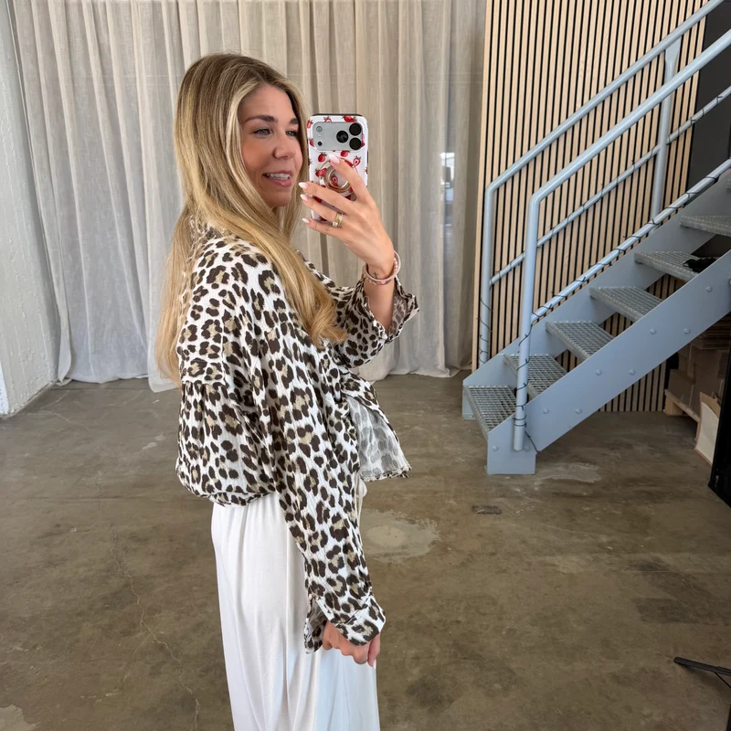 Oversize Musselinbluse Leo - Weiß x Braun