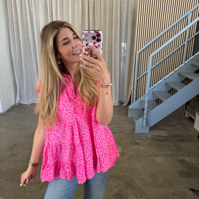 Kurzarm Musselinbluse - Leo Neon Pink