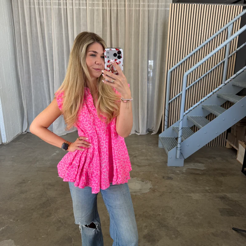 Kurzarm Musselinbluse - Leo Neon Pink