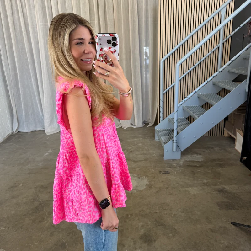 Kurzarm Musselinbluse - Leo Neon Pink