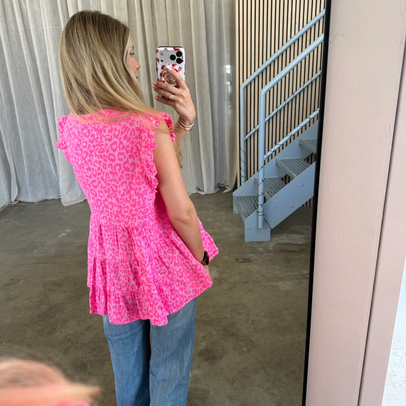Kurzarm Musselinbluse - Leo Neon Pink