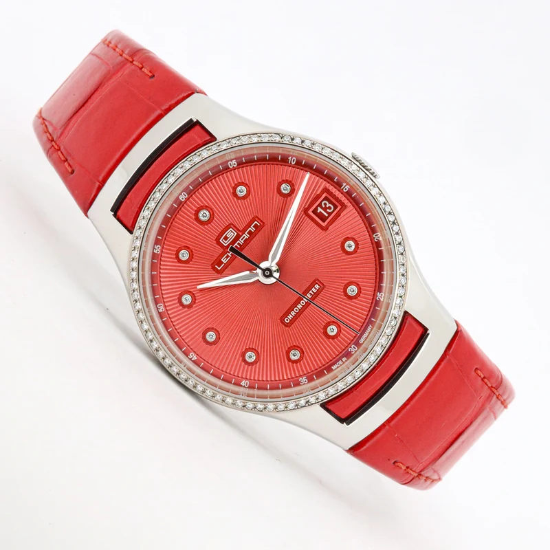 Lehmann Intemporal Diamonds 38mm LS0003-005-01-060404-05D Red Dial Alligator Edelstahl Dif34509 X