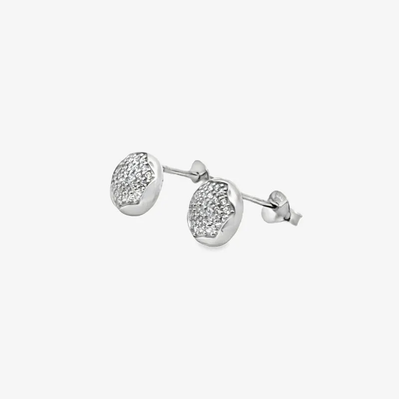 Silver Large Hexagon Pave Stud Earrings