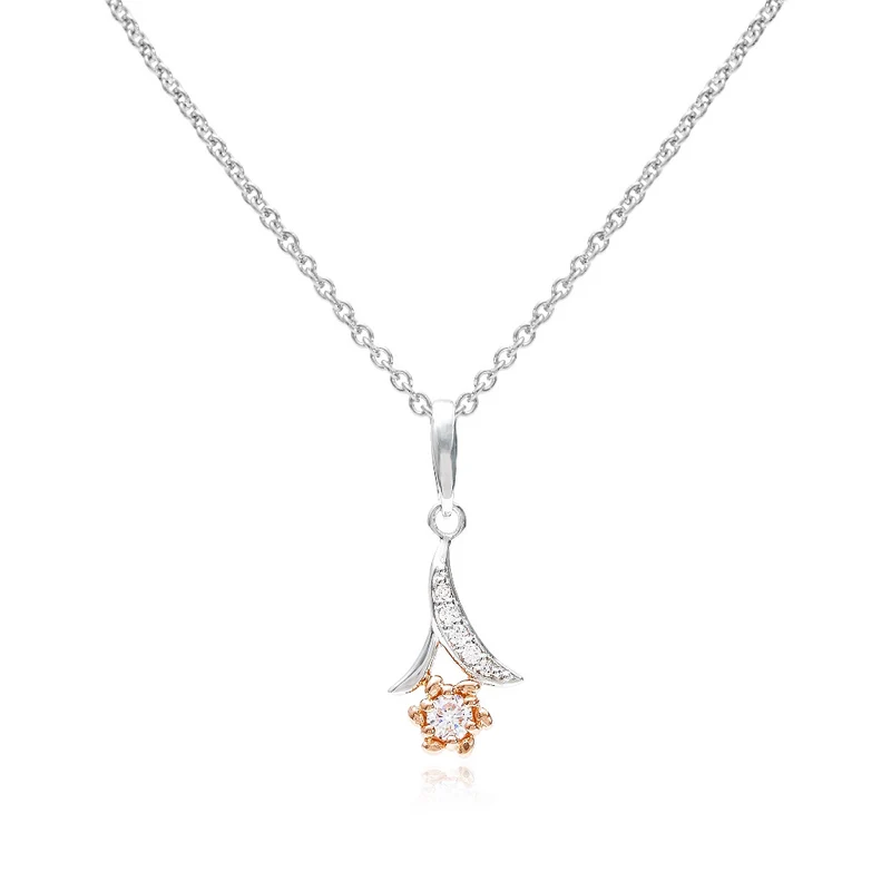 Silver & Rose Gold Inverted CZ Flower Pendant Necklace