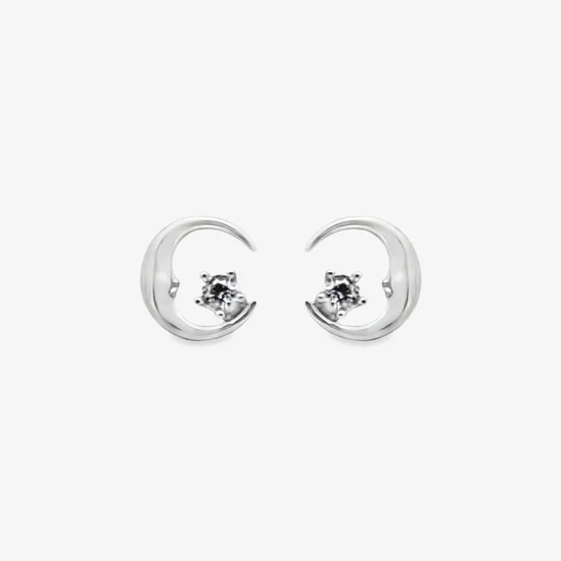 Silver & CZ Crescent Moon Stud Earrings