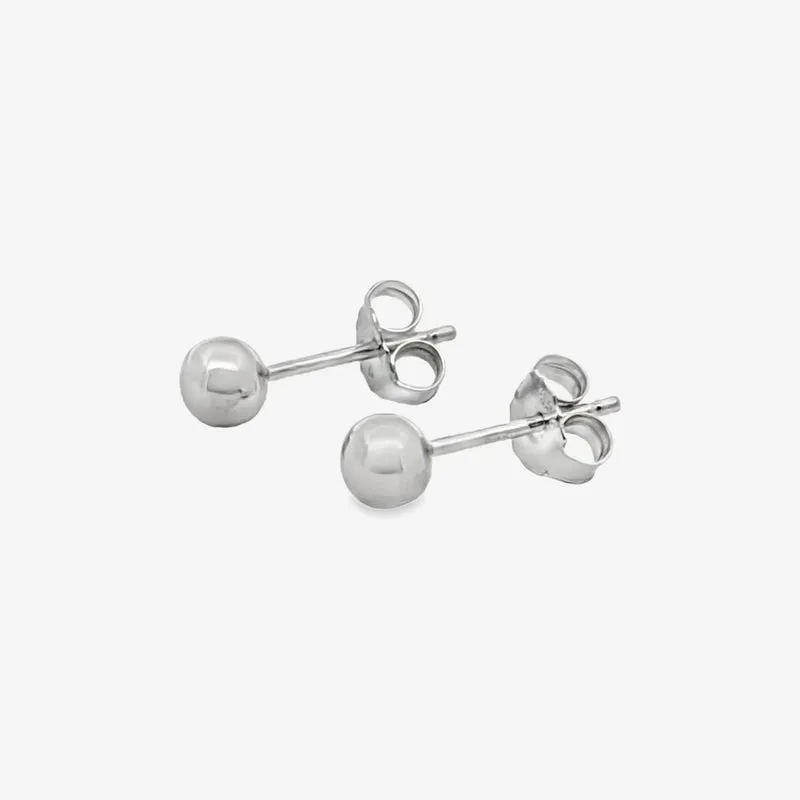 Rhodium Silver Ball Stud Earrings, 3mm