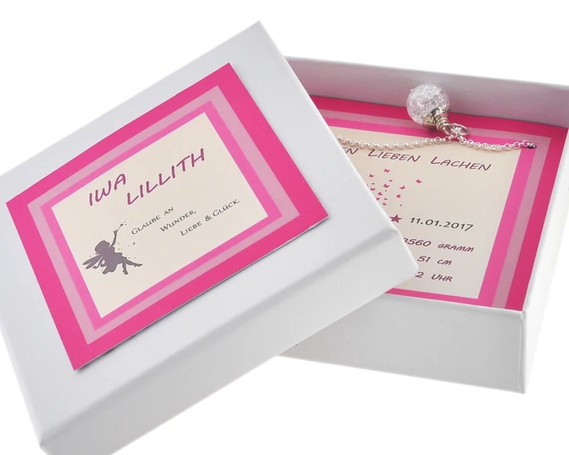 PERLENKETTE MIT GRAVUR, GESCHENK SCHACHTEL ZUR GEBURT, NAMENSPERLE