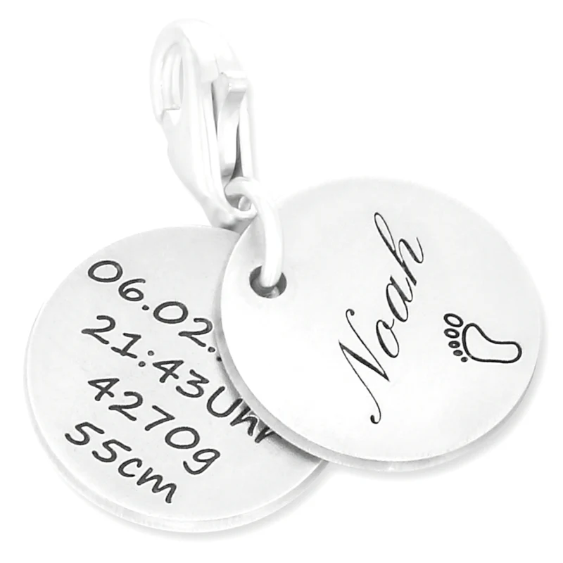 ANHÄNGER MIT NAMEN GEBURTSDATEN GESCHENK ZUR GEBURT CHARMS PERSONALISIERT 925 SILBER