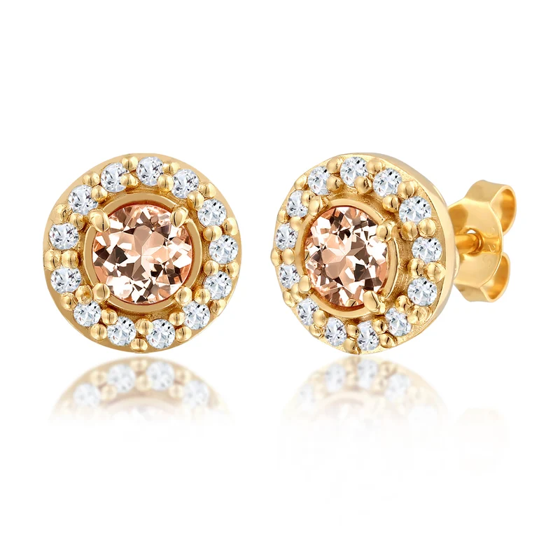 Peach Morganite & White Topaz Tansy Bloom Ohrringe & Halskette Schmuck Set