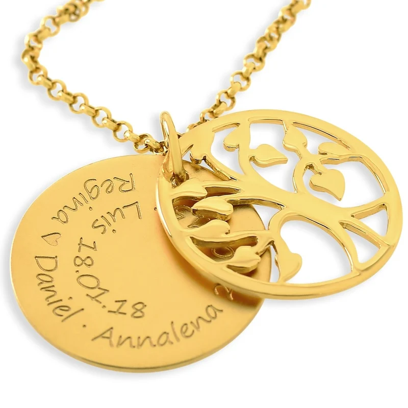 GOLDSCHMUCK DAMEN HALSKETTE SCHMUCK MIT NAMEN LEBENSBAUM KETTE VERGOLDET MIT GRAVUR