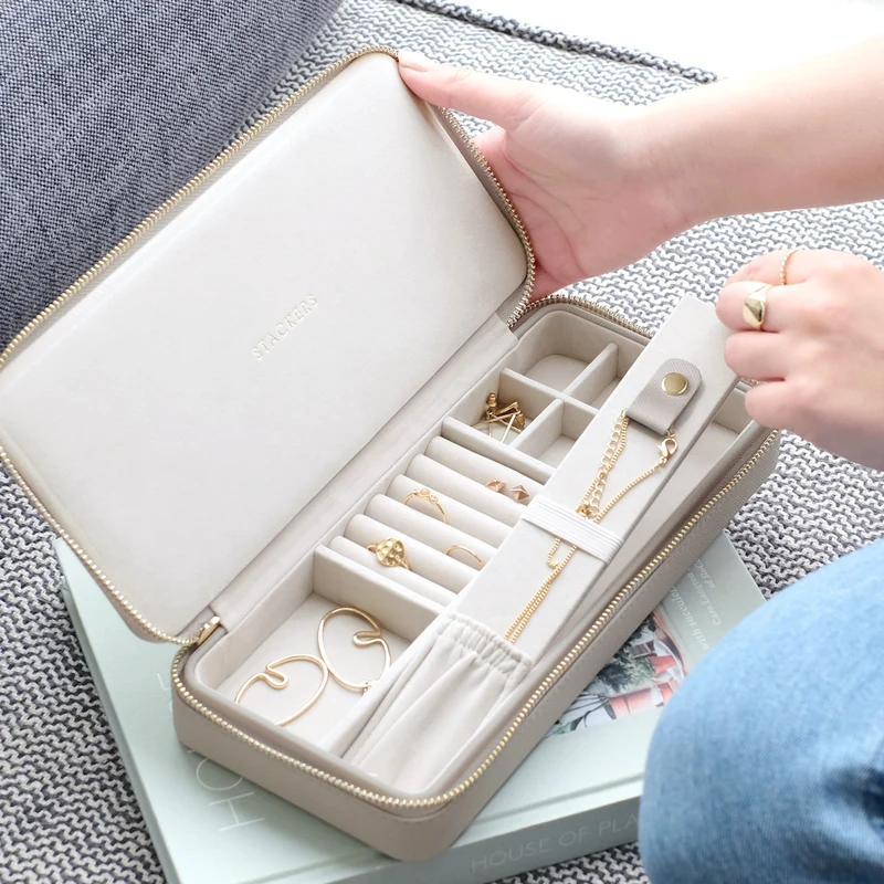 Sleek Taupe Necklace Zipped Travel Jewellery Box