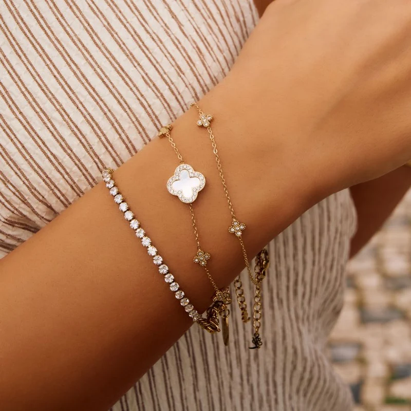 Pave Flower Lucky Leaf Armband 14K Vergoldet