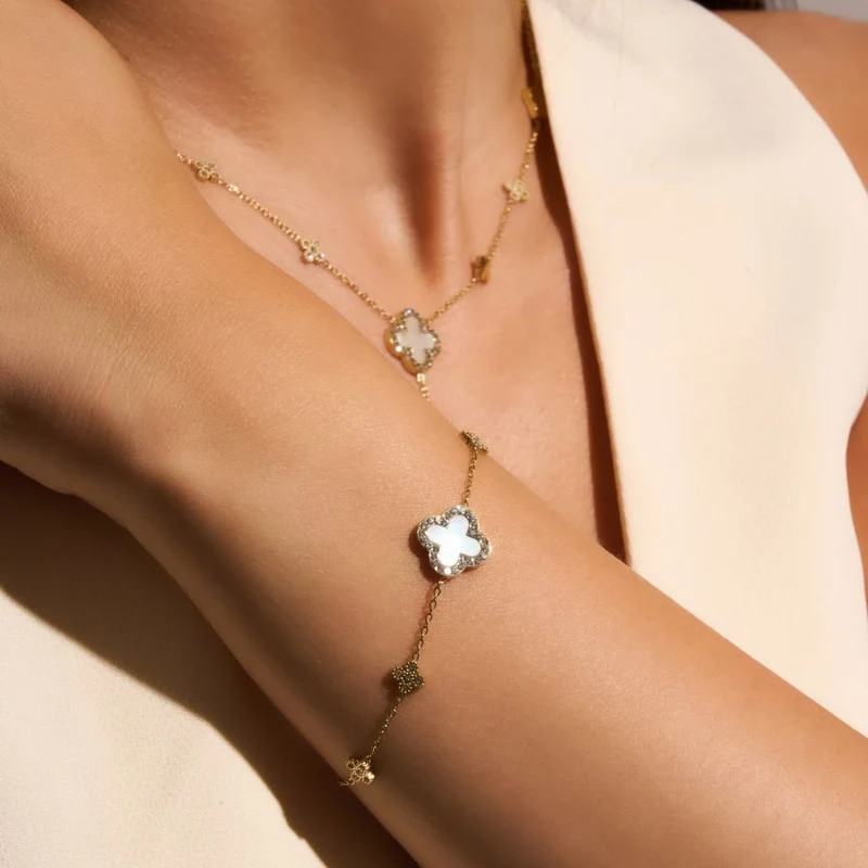 Pave Flower Lucky Leaf Armband 14K Vergoldet