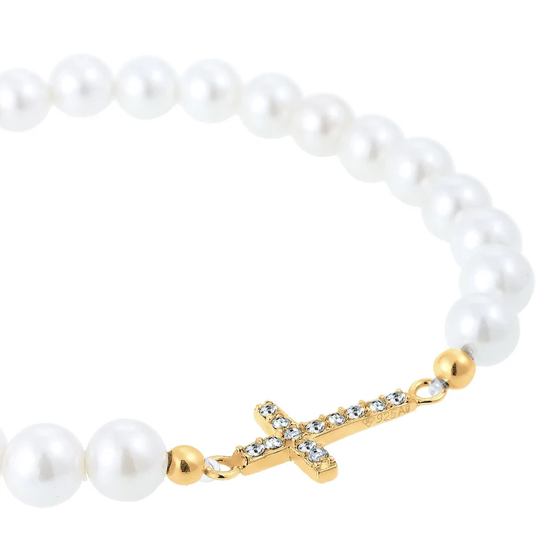 Armband Kreuz | Perle, Kristall ( Weiß )