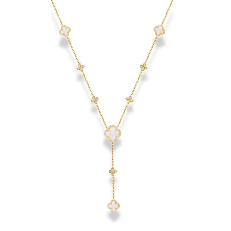 Perlmutt Lucky Leaf Pave Flower Y Kette 14K Vergoldet