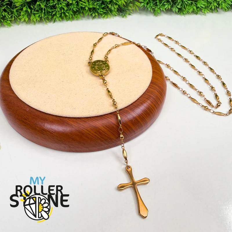 Goldener Gebetsrosenkranz – Kreuz & Marienmedaille – Edelstahl 201