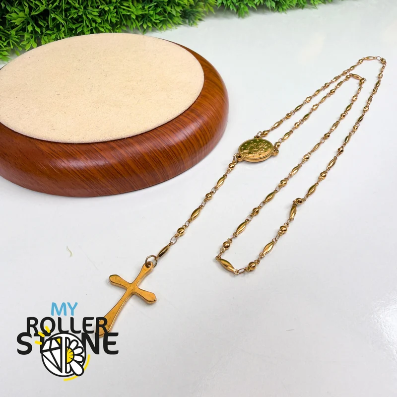 Goldener Gebetsrosenkranz – Kreuz & Marienmedaille – Edelstahl 201