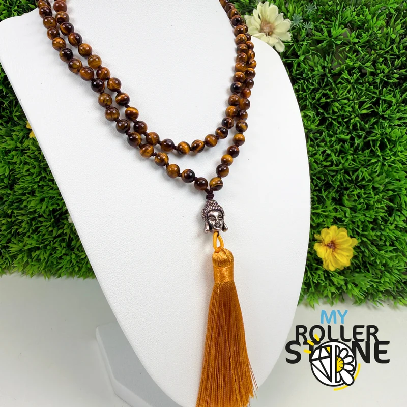 Mala-Halskette aus natürlichem Tigerauge – Buddha-Kopf – Quaste