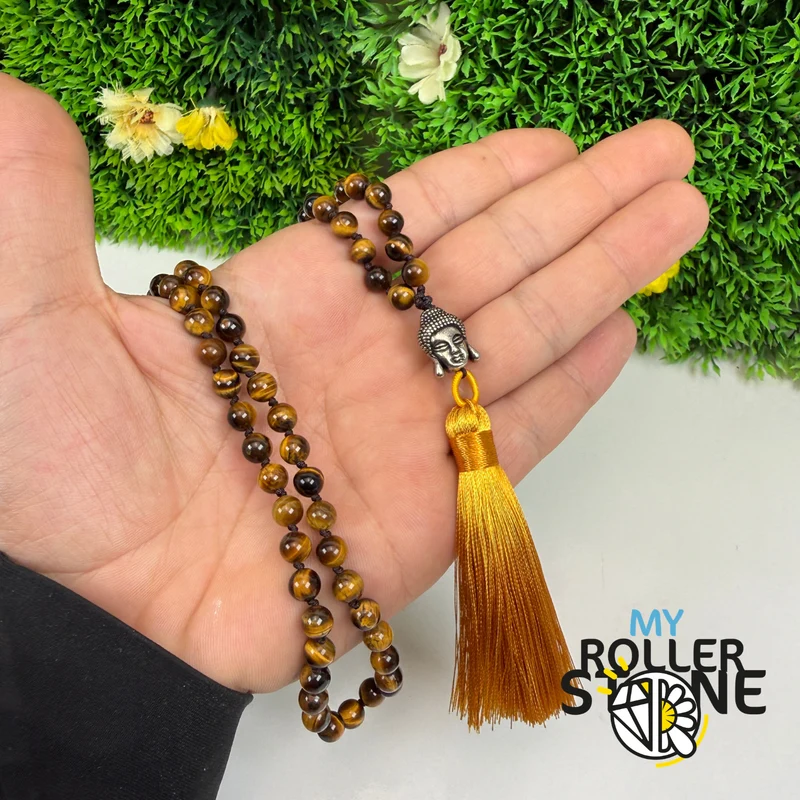 Mala-Halskette aus natürlichem Tigerauge – Buddha-Kopf – Quaste