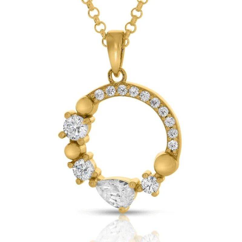 Damen Halskette vergoldet Kette Collier Ring Kreis Offen Anhänger Zirkonia Rand