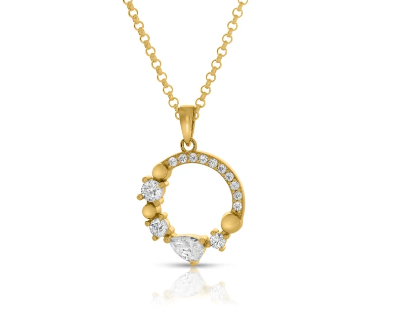 Damen Halskette vergoldet Kette Collier Ring Kreis Offen Anhänger Zirkonia Rand
