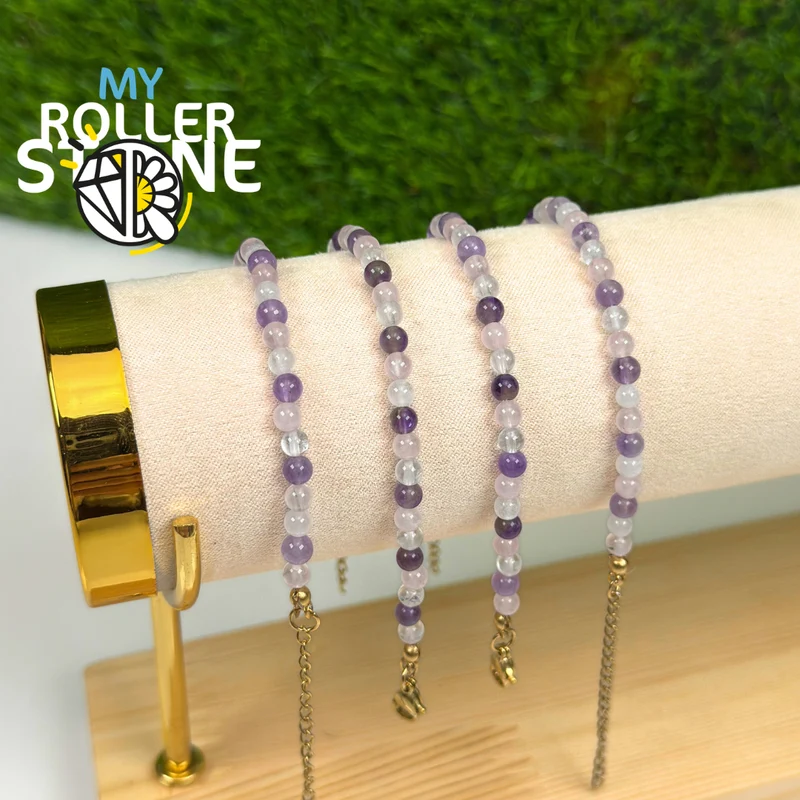 Verstellbares Edelstahlarmband aus Rosenquarz und Amethyst