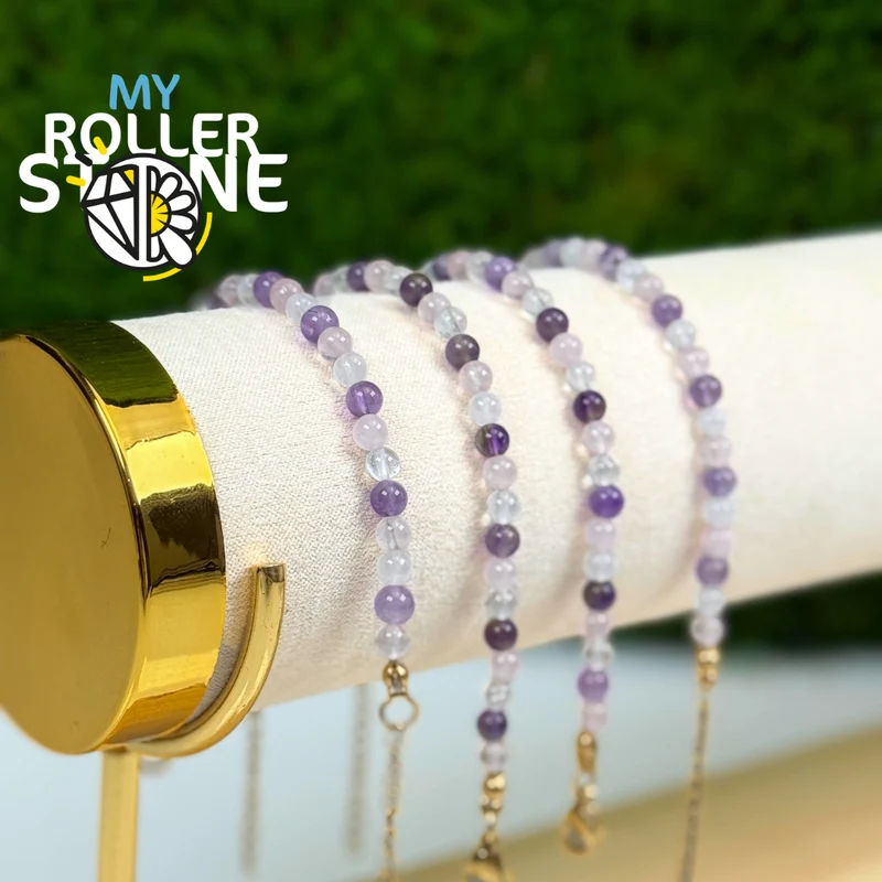 Verstellbares Edelstahlarmband aus Rosenquarz und Amethyst