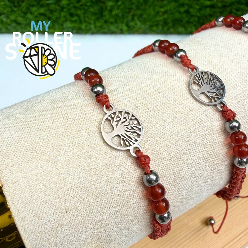 Verstellbares geflochtenes Armband mit Lebensbaum und Achat