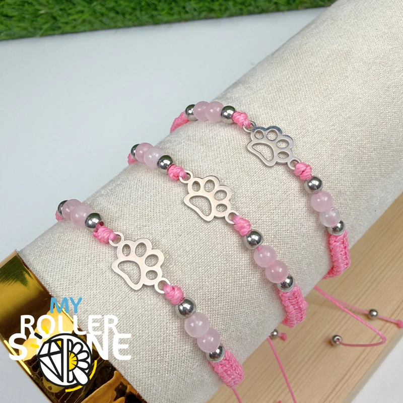Verstellbares geflochtenes Armband mit Hundepfote und Rosenquarz