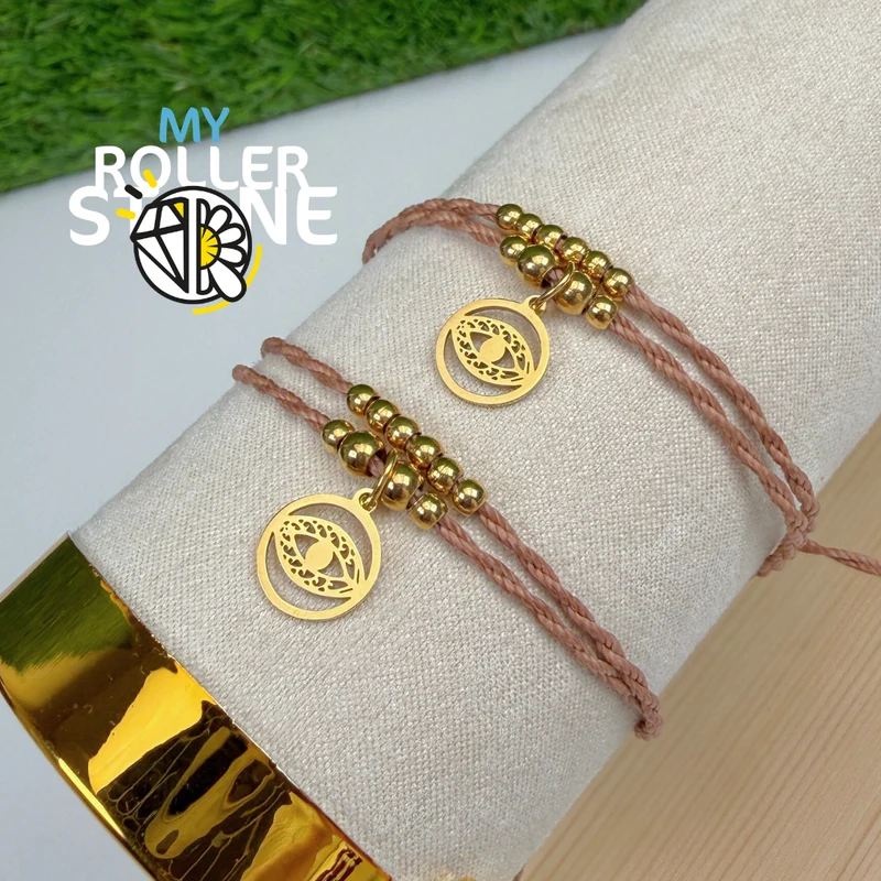 Türkisches Augenarmband, gewachste Kordel, Edelstahl