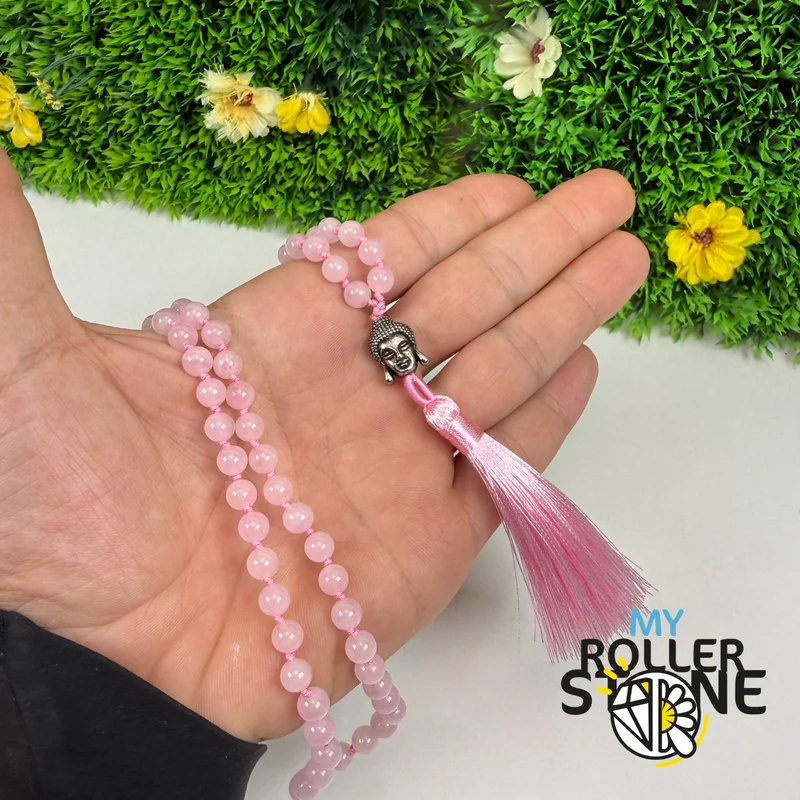 Mala-Halskette aus natürlichem Rosenquarz – Buddha-Kopf – Quaste