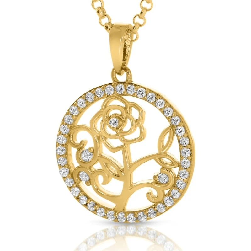Damen Halskette mit Zirkonia Anhänger Blume Rose vergoldet