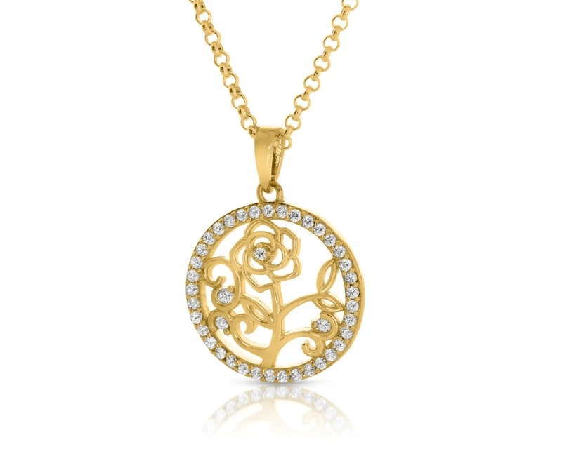 Damen Halskette mit Zirkonia Anhänger Blume Rose vergoldet