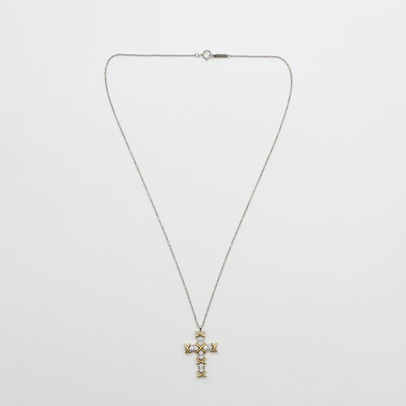 Tiffany & Co. Schlumberger Diamant Kreuz-Halskette Sixteen Stone Platin 750er Gelbgold