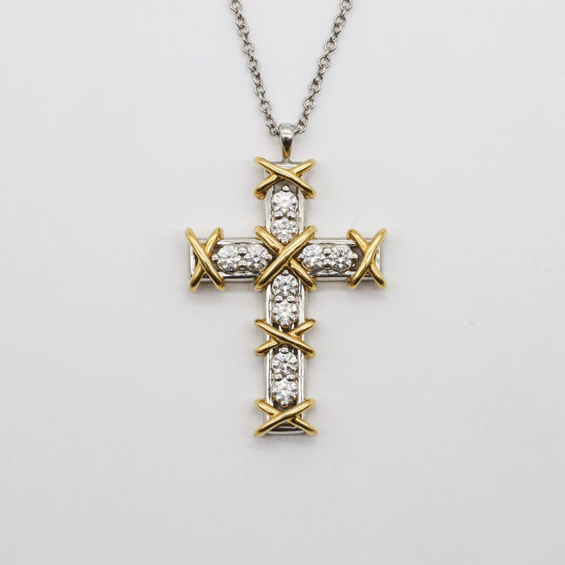 Tiffany & Co. Schlumberger Diamant Kreuz-Halskette Sixteen Stone Platin 750er Gelbgold