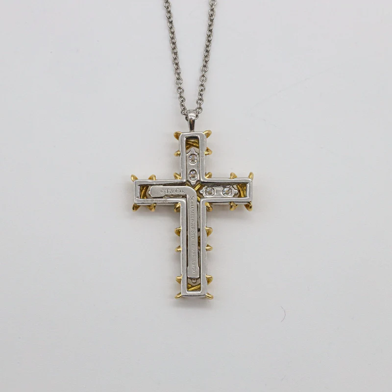 Tiffany & Co. Schlumberger Diamant Kreuz-Halskette Sixteen Stone Platin 750er Gelbgold