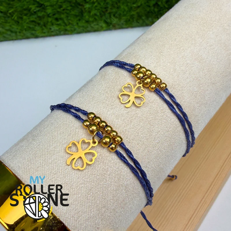 Armband mit vierblättrigem Kleeblatt, gewachste Kordel, Edelstahl