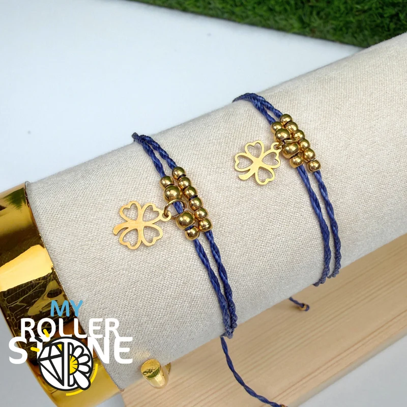 Armband mit vierblättrigem Kleeblatt, gewachste Kordel, Edelstahl