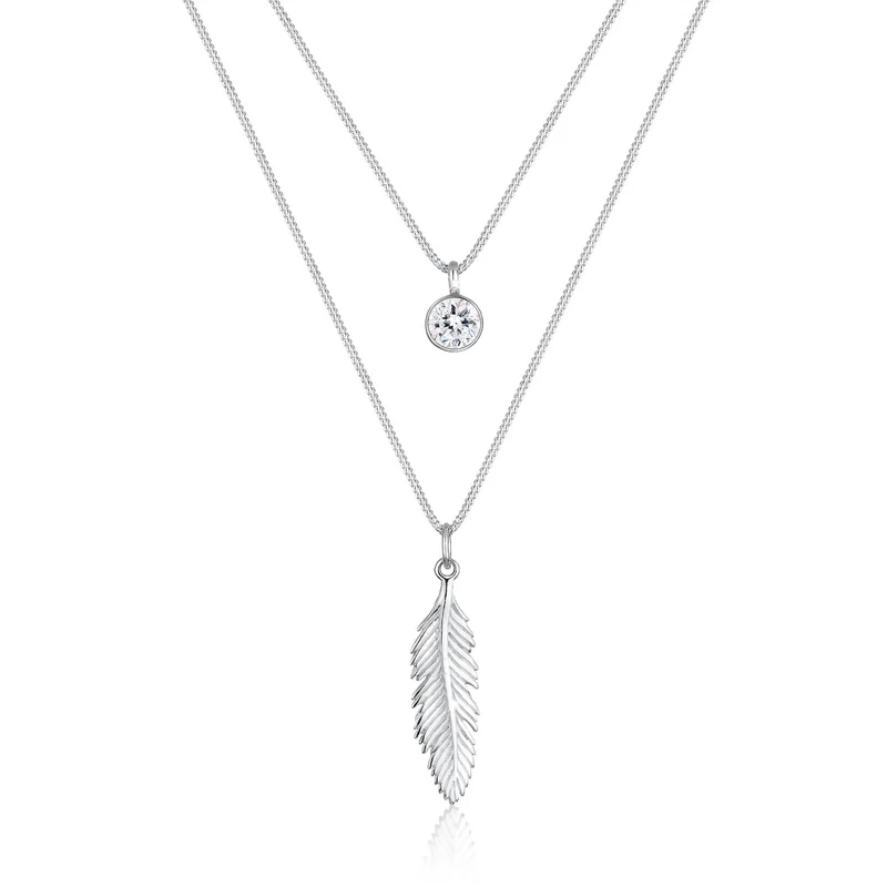 Layer-Halskette Feder & Solitär | Mit Kristallen von Swarovski® (Weiß)