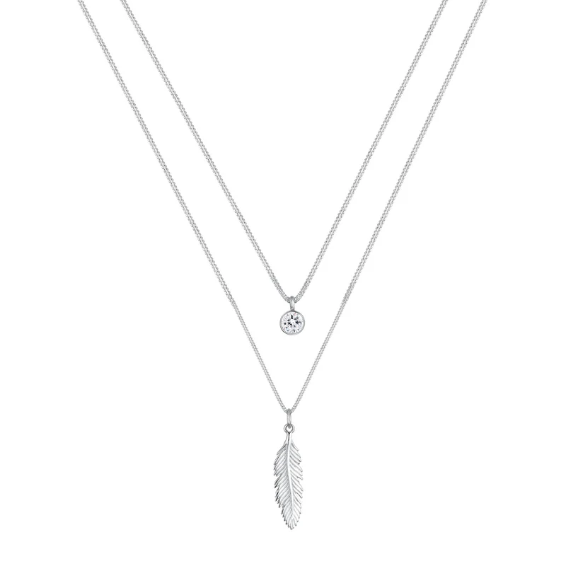 Layer-Halskette Feder & Solitär | Mit Kristallen von Swarovski® (Weiß)