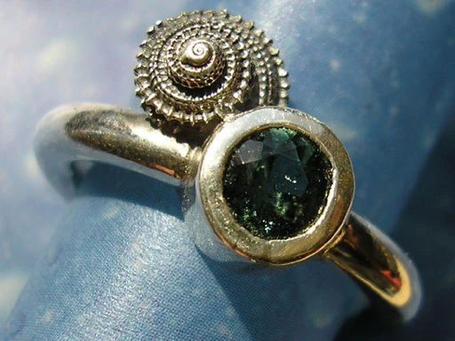 Stachelige Knopfschnecke mit Turmalin Ring